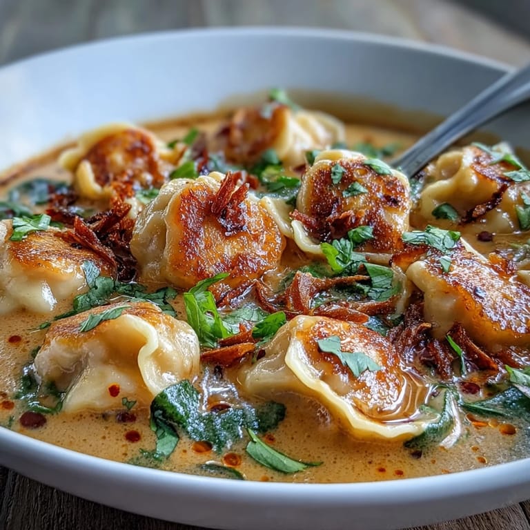 A close-up view of multiple vegan dumplings submerged in a golden curry broth, highlighted by droplets of red chili oil and fresh herbs.