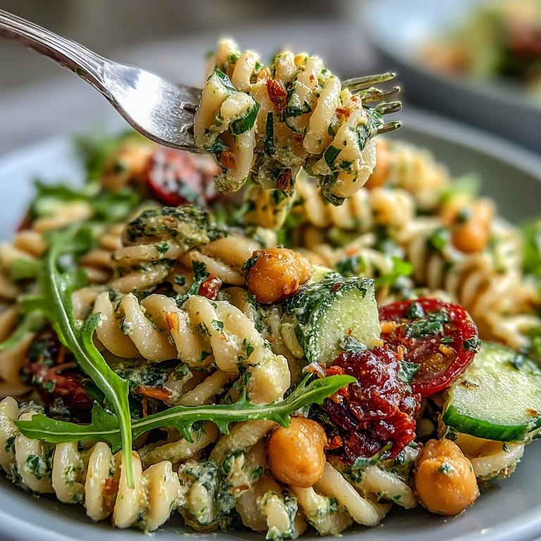 Vibrant vegan pasta salad featuring creamy cashew pesto, chickpeas, arugula, and colorful vegetables tossed together for a healthy, protein-rich meal.  