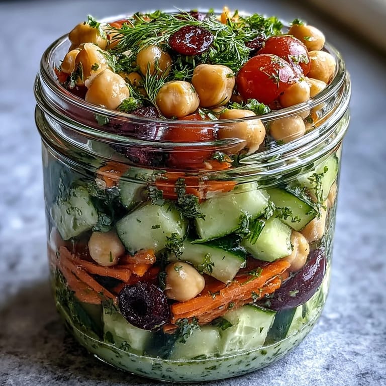 Refreshing Mediterranean-inspired salad jars packed with zesty citrus dressing, crunchy cucumber, chickpeas, and vibrant herbs, perfect for meal prep.