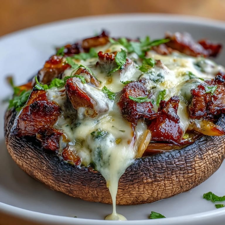Low-carb Philly cheesesteak stuffed mushrooms with tender ribeye, sautéed peppers, and gooey provolone topping.  