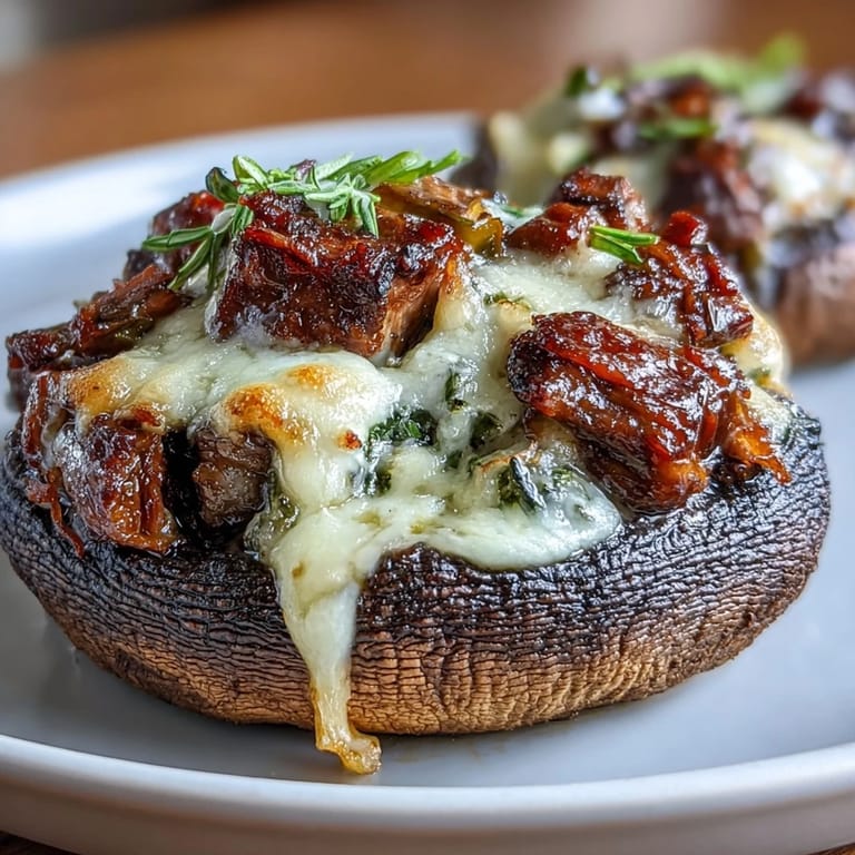 Portobello mushrooms loaded with keto Philly cheesesteak filling—steak, peppers, and melted cheese for a hearty meal.