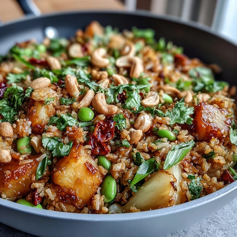 Vibrant vegan pineapple fried rice with cauliflower, edamame, and fresh vegetables, topped with roasted peanuts and fresh basil for a tropical twist.