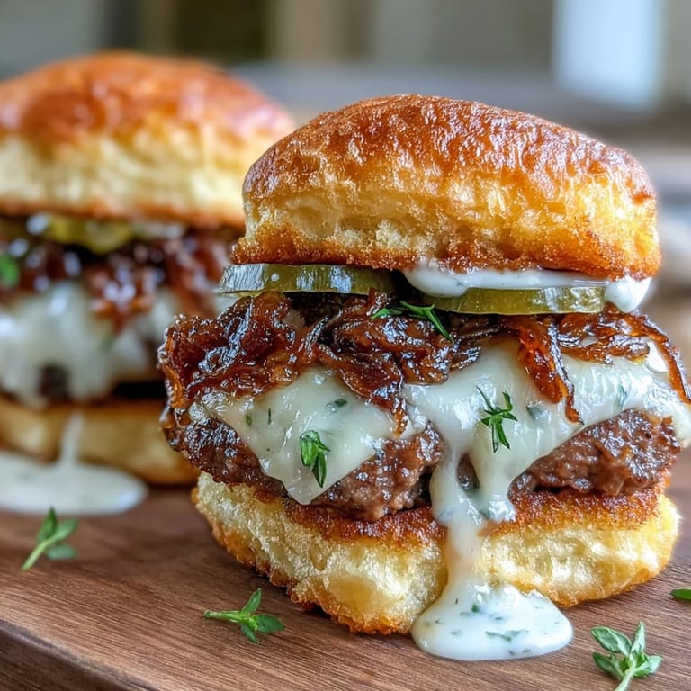 Stack of Mini Smash Burger Sliders with Caramelized Onions, golden cheese melting over crispy beef patties, garnished with fresh dill pickles and slider sauce.