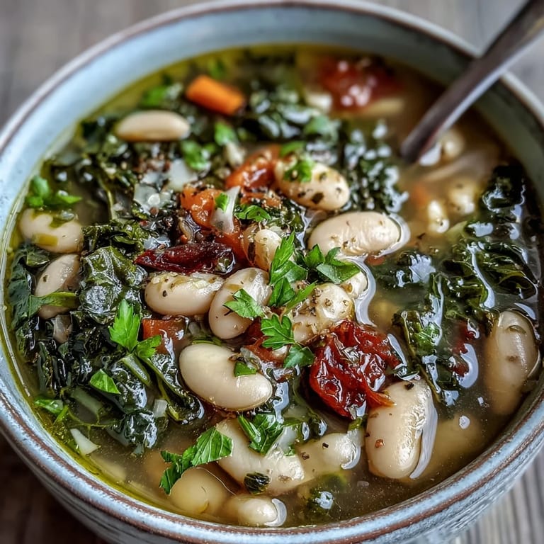 A close up of a bowl of Tuscan white bean soup with kale, carrots, and parmesan cheese.