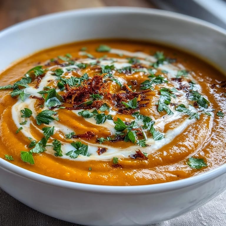 Creamy carrot and orange soup with ginger and coconut milk, served hot and drizzled with extra coconut milk for a silky finish.
