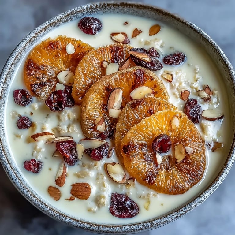 Creamy oatmeal with tart cranberries, crunchy almonds, and glistening candied orange slices—an inviting, wholesome morning meal.