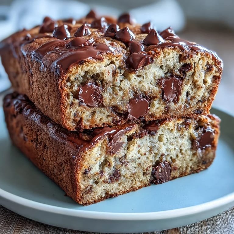 Wholesome chocolate chip protein banana bread topped with extra chocolate morsels, perfect for a healthy breakfast or afternoon snack.
