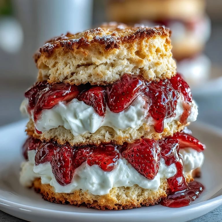 Classic Strawberry Shortcake with Biscuit Layers: sweet strawberries macerated in sugar atop tender, buttery biscuits with vanilla whipped cream.