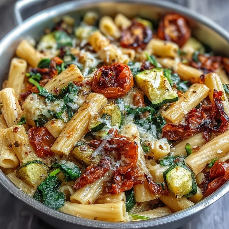 Creamy one-pot pasta dish with fusilli, fresh vegetables, and Italian herbs, perfect for quick weeknight dinners and minimal cleanup.