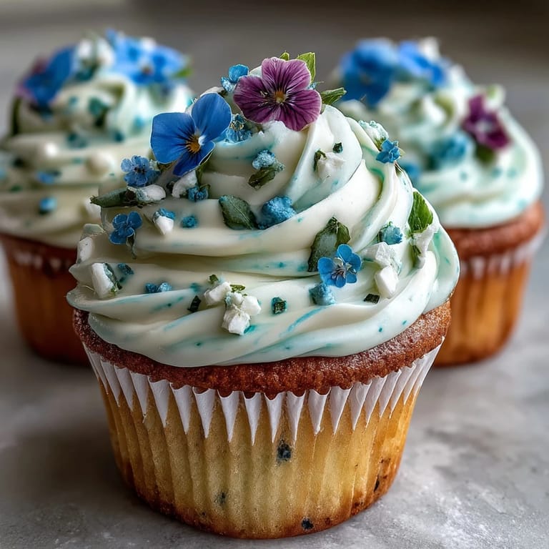 Classic vanilla cupcakes adorned with edible flowers and pastel sprinkles, a charming treat for baby showers.