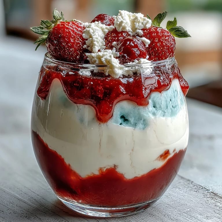 Layered Red, White, and Blue Jello cups in clear glasses, showcasing festive stripes of strawberry, creamy white, and blue raspberry flavors.