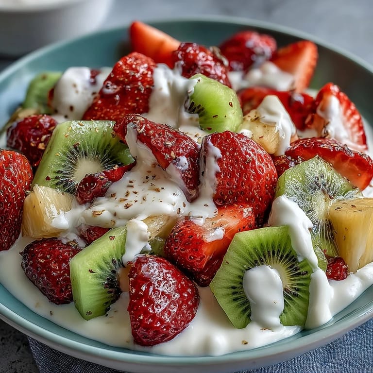 Spring Fruit Table Platter with Dipping Yogurt Sauce - vibrant spring fruit display featuring strawberries, pineapple, and kiwi paired with tangy lemon-honey yogurt sauce.