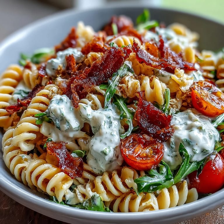 Hearty BLT Pasta Salad with Bacon and Avocado, featuring al dente pasta tossed with smoky bacon, ripe avocado, and crisp romaine lettuce.