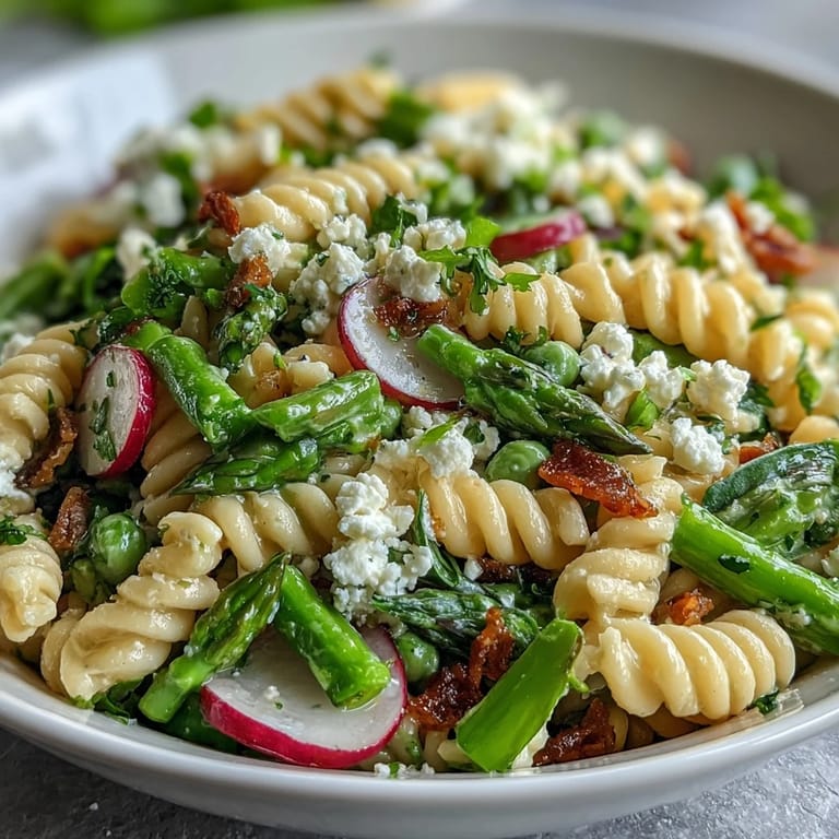 Vibrant spring pasta salad featuring tender pasta, crunchy radishes, and asparagus in a tangy lemon vinaigrette—perfect for picnics or light lunches.