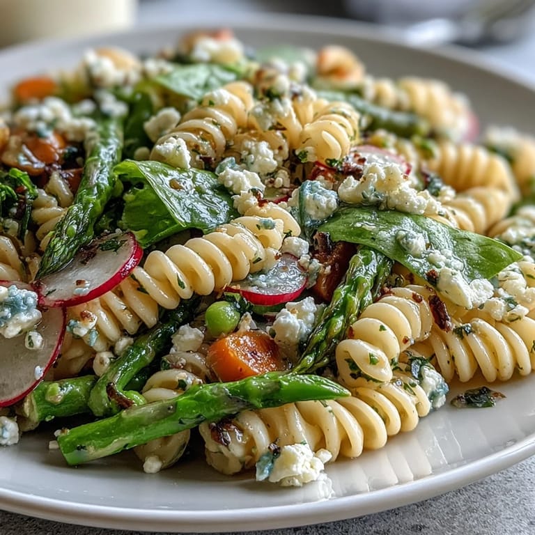 Colorful spring pasta salad with lemon vinaigrette and radishes, combining fresh spinach, sugar snap peas, and zesty dressing for a refreshing vegetarian meal.