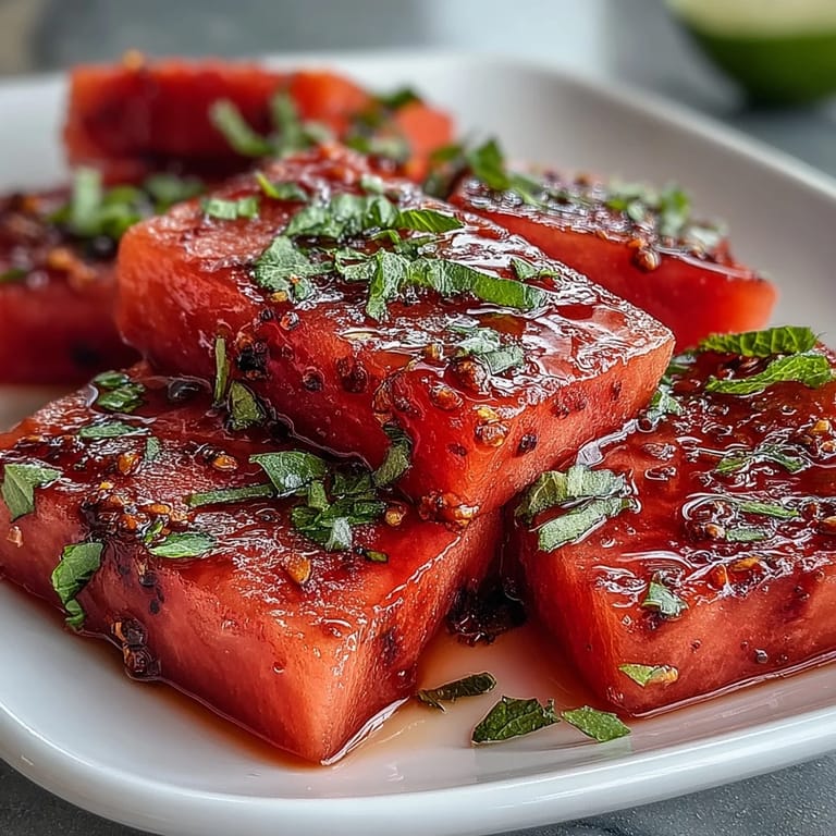 Sweet watermelon wedges topped with chili-lime Tajin seasoning and bright lime juice—perfect for picnics or beach days.  