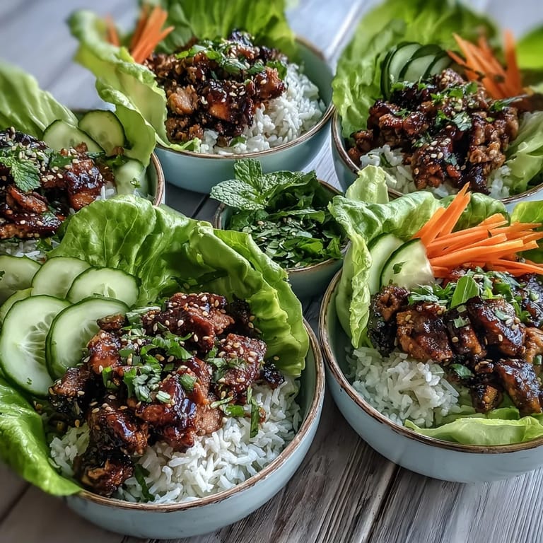Freshly prepared sesame turkey lettuce wrap bowls with tender turkey, fluffy rice, and vibrant veggies on a white plate.