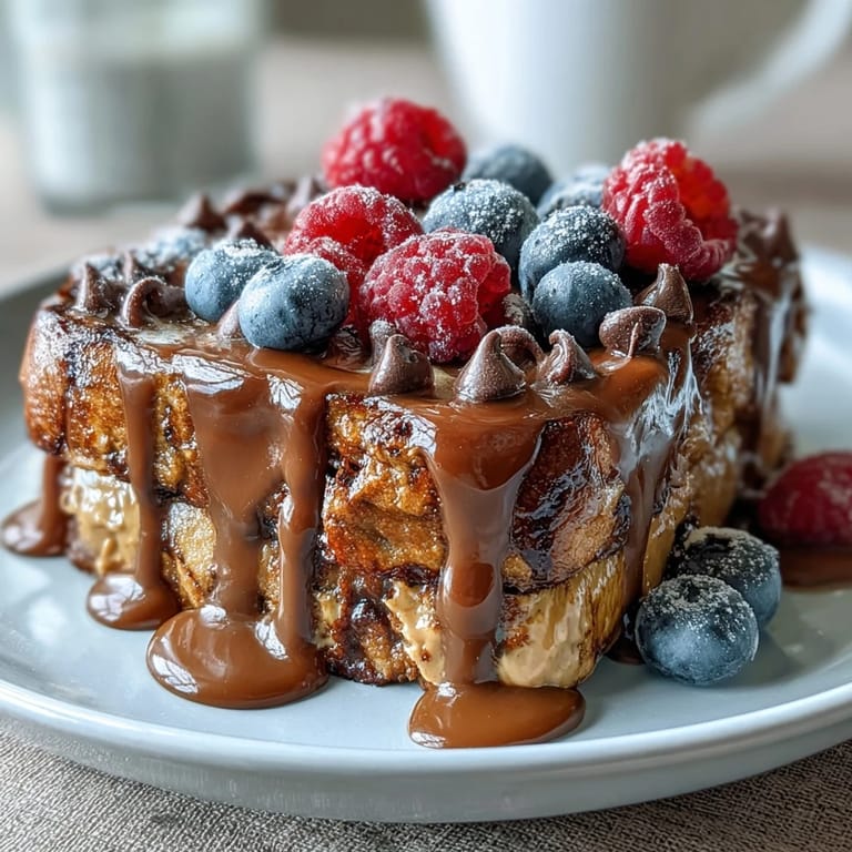 Rich, chocolatey cubes of High-Protein Peanut Butter & Chocolate Baked French Toast on a plate, offering a nourishing brunch treat.