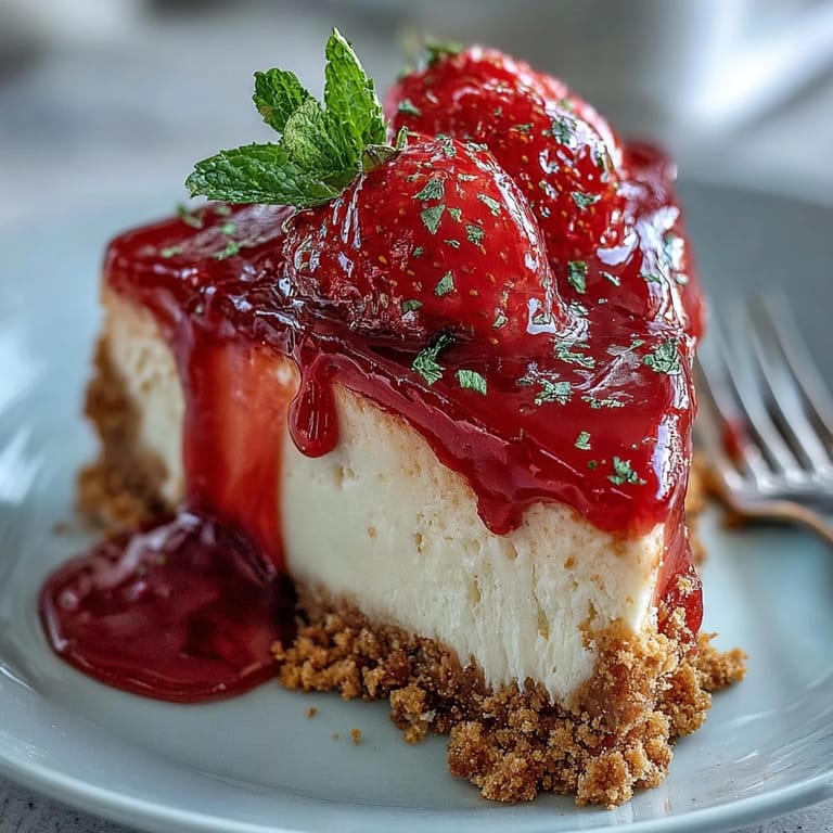 Decadent no-bake strawberry cheesecake awaiting a dollop of sweet, fresh fruit compote.