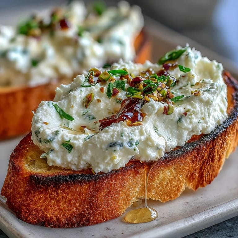 Elegant bruschetta appetizer: smooth ricotta spread on crisp bread, garnished with honey, pistachios, and lemon zest.