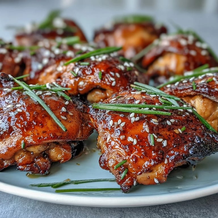 Oven-baked soy glazed chicken thighs in a rich garlic-ginger glaze, garnished with green onions and sesame seeds.