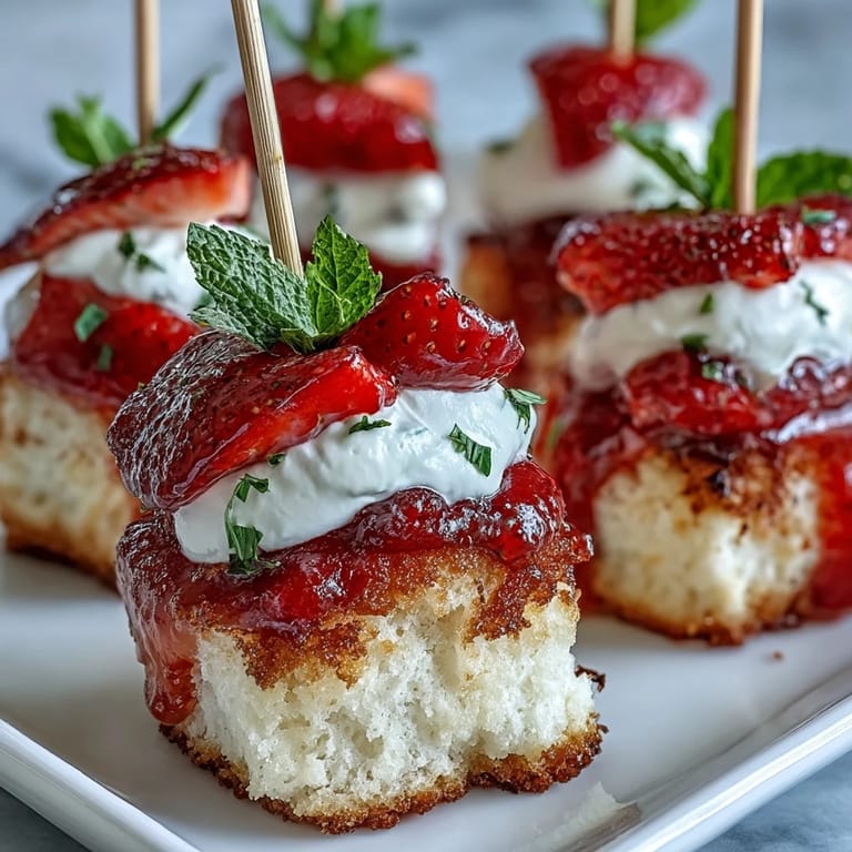 Sweet, fluffy shortcake bites with fresh strawberries and whipped cream layered on skewers.