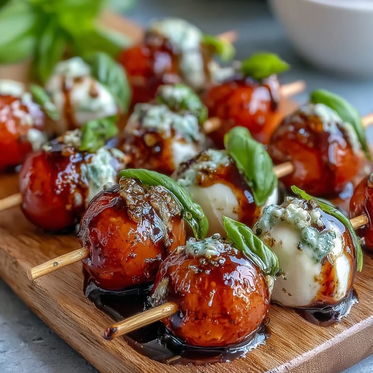 Fresh mini Caprese salad skewers with basil and mozzarella, drizzled elegantly.