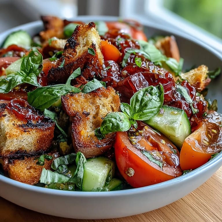 Italian Summer Panzanella with rustic bread chunks soaking up tangy vinaigrette goodness.