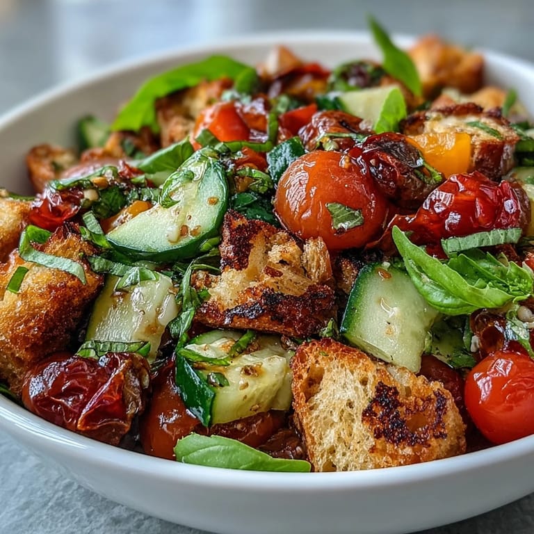 Summer Panzanella salad featuring toasted bread, crisp veggies, perfect for outdoor dining.