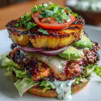 Grilled chicken pineapple burger stacks with juicy chicken, sweet caramelized pineapple, crisp lettuce, and fresh avocado slices.