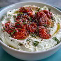 Whipped feta dip with roasted cherry tomatoes, garnished with fresh basil and a drizzle of olive oil.