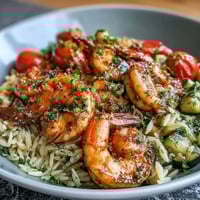 Vibrant one-pan lemon butter shrimp and orzo with juicy shrimp, fresh zucchini, and cherry tomatoes in a zesty, buttery sauce.