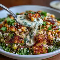 Vibrant Mexican Street Corn Salad with charred corn, creamy dressing, and crumbled Cotija cheese, served with lime wedges.