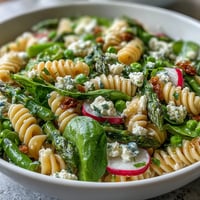 Fresh spring pasta salad with lemon vinaigrette and radishes, bursting with crisp vegetables and zesty dressing for a bright, seasonal dish.