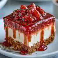 Creamy no-bake strawberry cheesecake, luscious and topped with vibrant fresh fruit sauce.