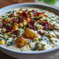 A steaming bowl of Cabbage Corn Chowder with crispy bacon bits and fresh parsley garnish.