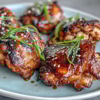 Golden soy glazed chicken thighs with caramelized skin, sticky sweet-savory sauce, and sesame seed garnish.