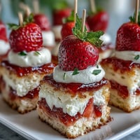 Mini Strawberry Shortcake Bites on skewer artfully arranged with cream and fruit.