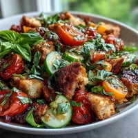 Vibrant Summer Panzanella with grilled bread, juicy tomatoes, and fresh basil.